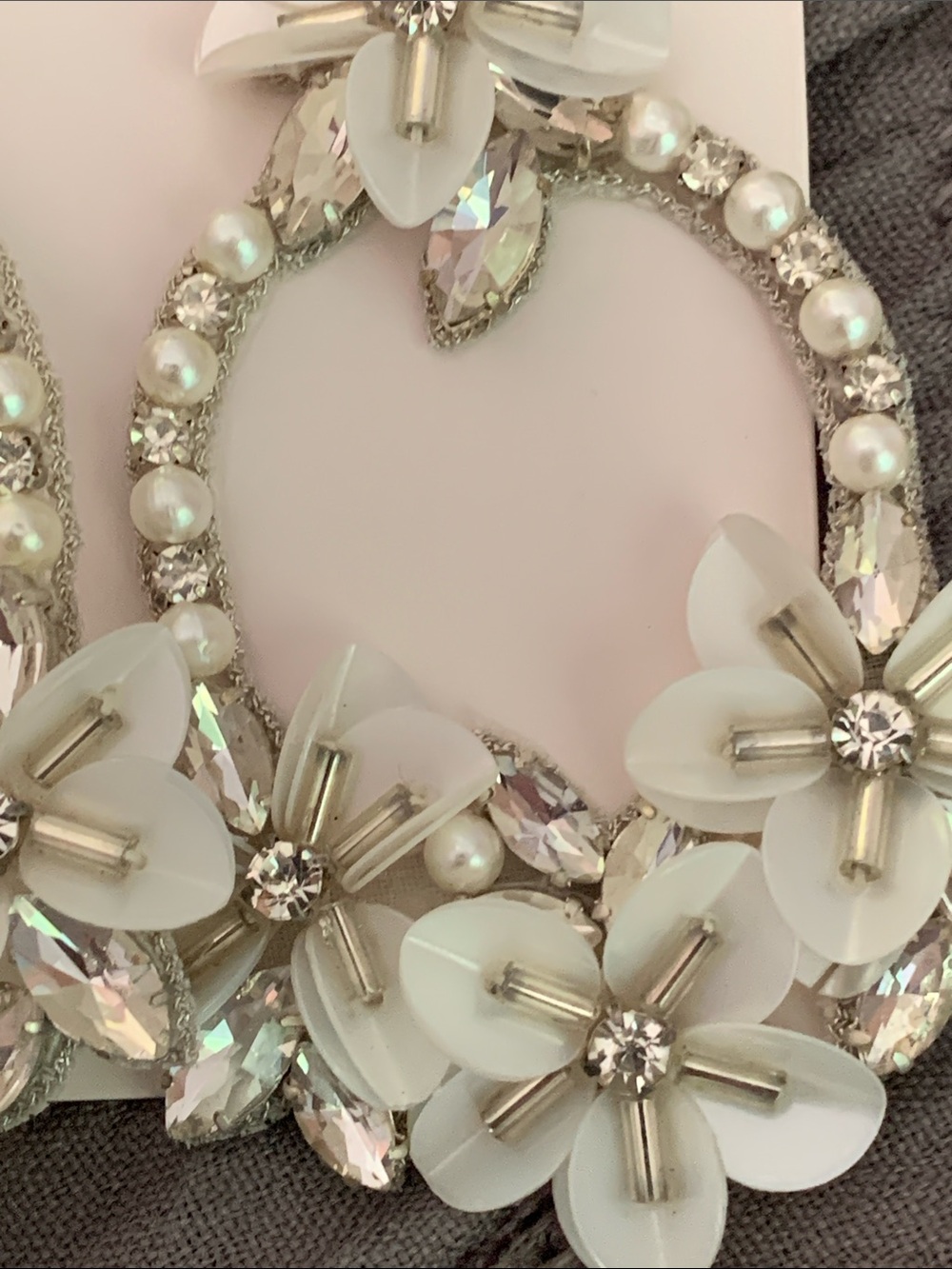 Elizabeth Bower Francine Hoop purse, silver, pearl, and rhinestone earrings